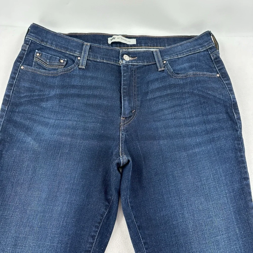 Levis 505 Straight Leg Jeans Dark Wash Blue Button Flap Pocket Denim Women 32x34